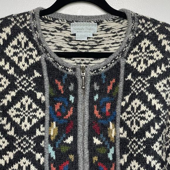 Vtg Nomadic Traders Fair Isle Cardigan Sweater Full Zip Long Sleeve Multicolor L - Picture 4 of 10